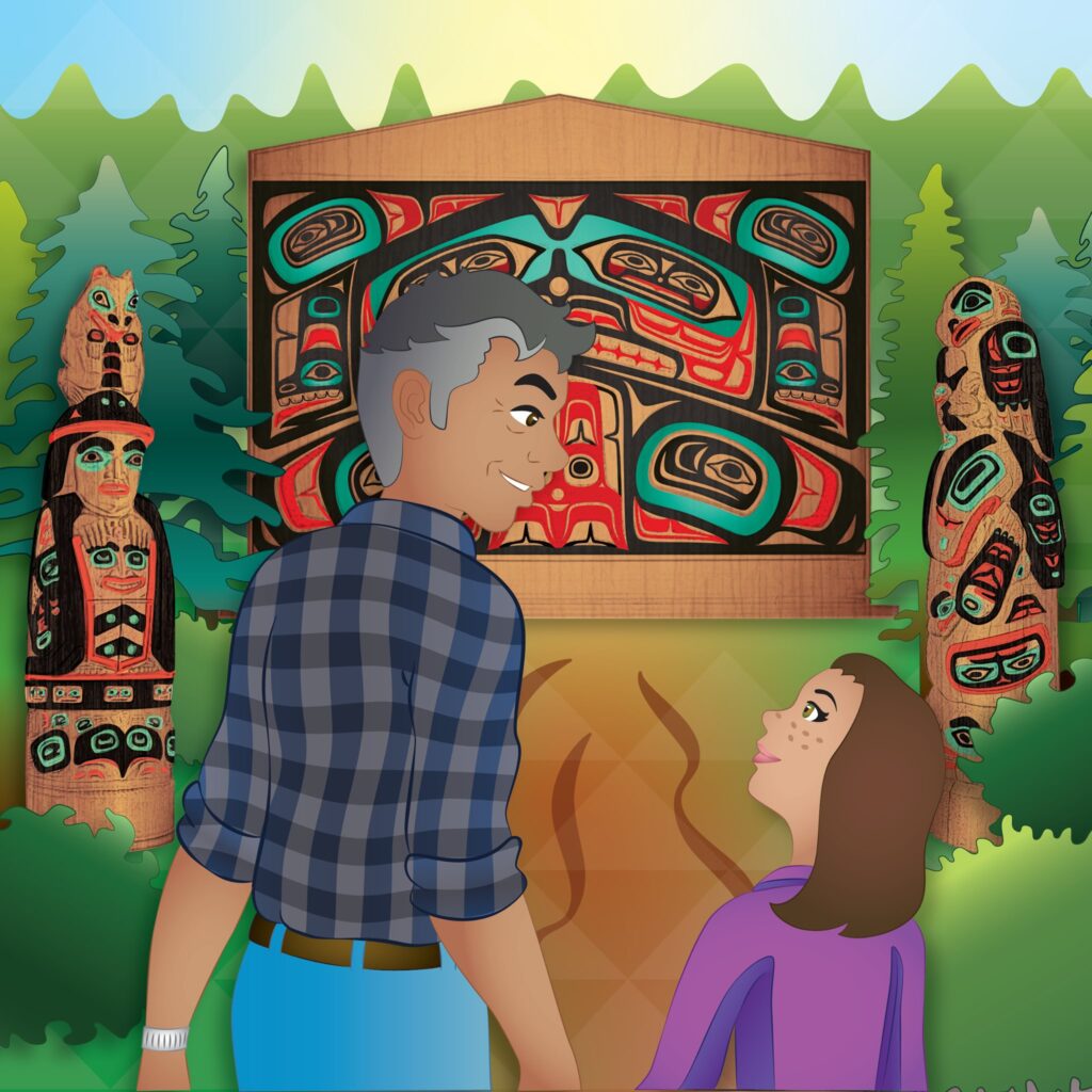 Image of Freckles and Grandpa visiting Saxman Park to admire the Totem Poles from the book Journey of the Freckled Indian.